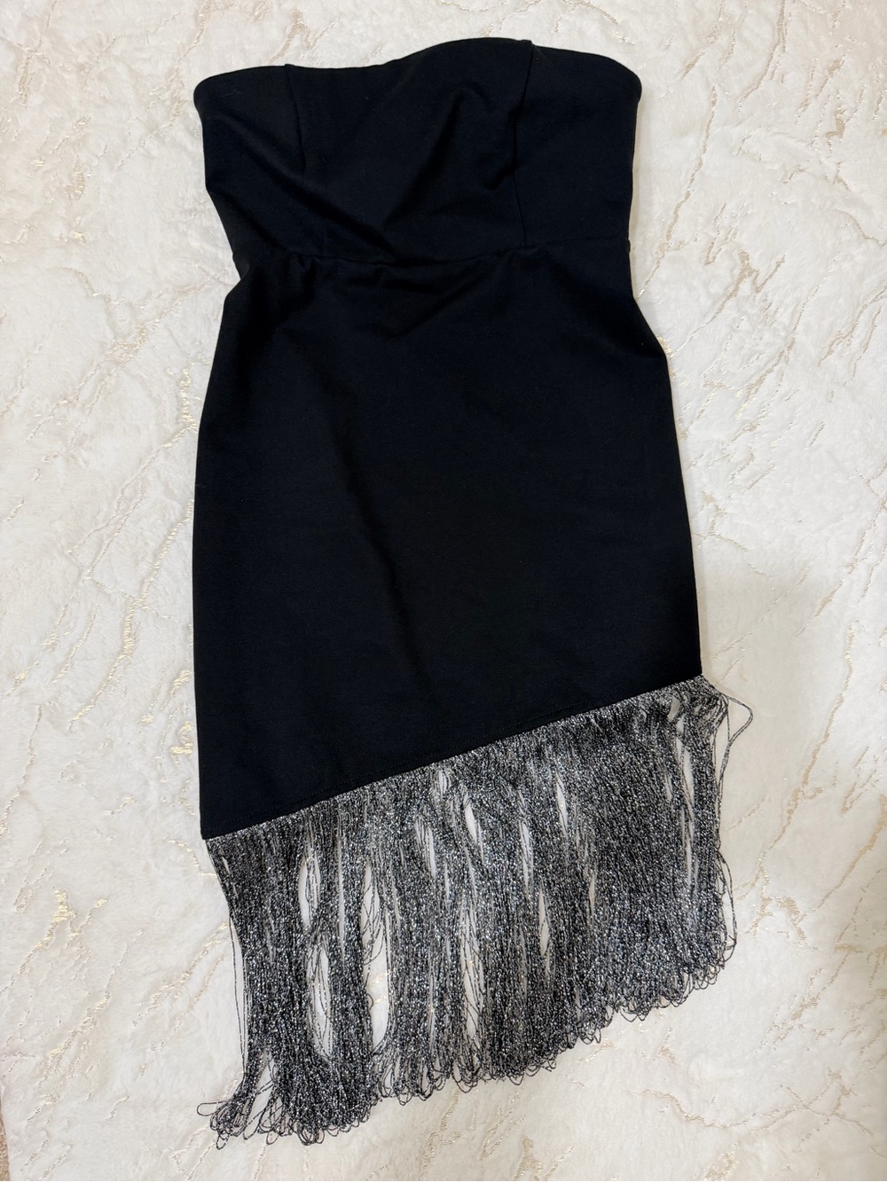 Forever 21 Black Strapless Dress with Silver Fringe Hem